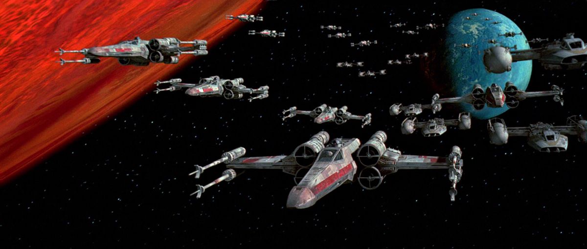 Csatába indulnak az X-szárnyú vadászgépek - jelenet a Star Wars Trilógia 1997-es felújított változatából.