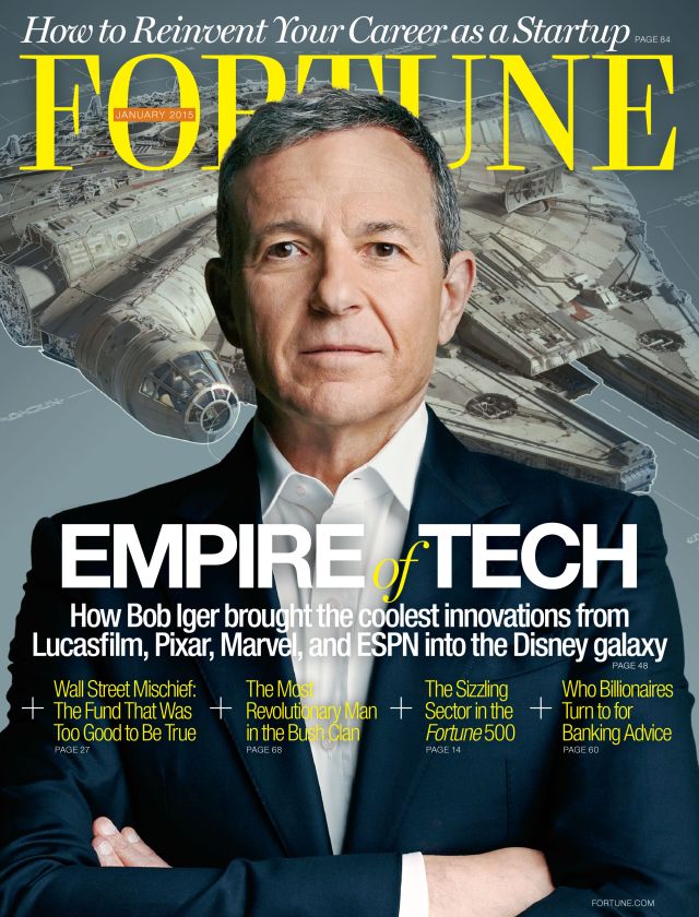 A Fortune 2015 januári számának címlapja, a háttérben a Falcon új 3d modelljével.
