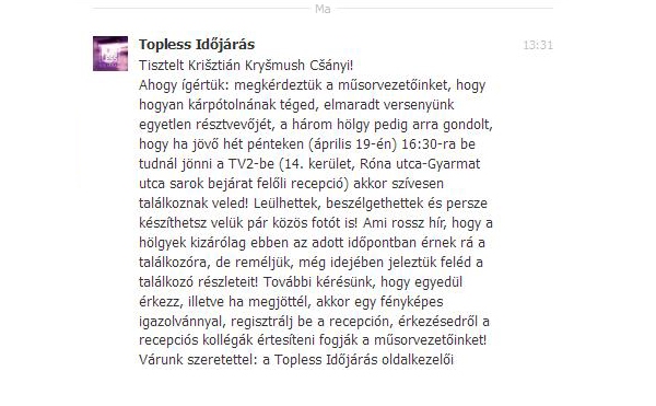 Topless Időjárás facebook message.jpg