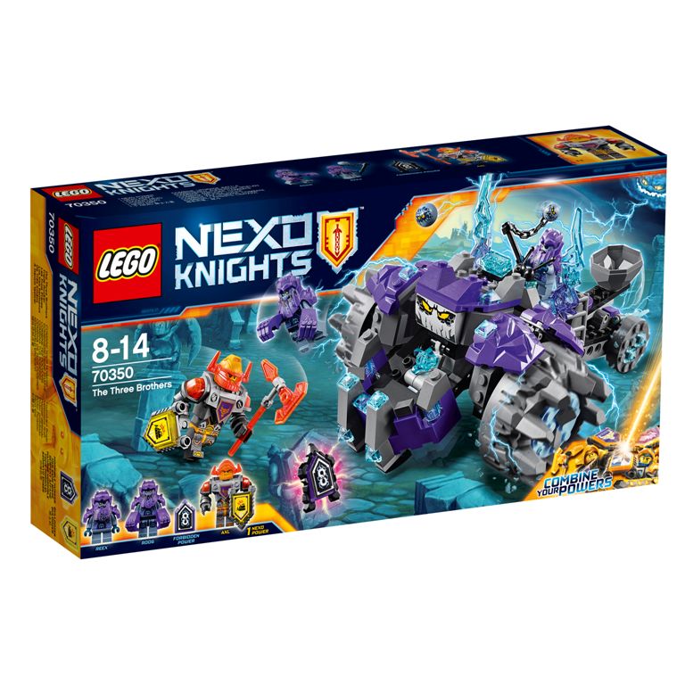 Axl és Clay megmenti Knightont<br />A LEGO NEXO KNIGHTS™ A három testvér™ (70350) szettel átélheted a lovagok legizgalmasabb NEXO kalandjait. A készletben Axl mellett a két rettegett kőszörny, Roog és Reex is helyet kapott, megnehezítve a hős Axl dolgát. Használd a szörnyek járműve és a Tiltott Erő Szörnyű éhsége ellen Axl saját NEXO Erejét, a Bulldózert! Clay is beveti különleges képességeit, hogy megvédje Knightont: használd a Clay sólyomvadász ágyúja™ (70351) szettet, hogy megóvd az embereket a gonosz Grimoc-tól. A szettben Clay, Clay Bot és Grimoc minifigurája mellett természetesen a legvagányabb NEXO pajzsok is helyet kaptak, hogy felvehesd a harcot a gazfickók ellen. <br />