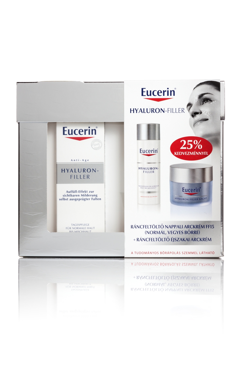 Eucerin® Hyaluron-Filler Ráncfeltöltő nappali arckrém száraz bőrre és éjszakai arckrém <br />Eucerin® Hyaluron-Filler Ráncfeltöltő nappali arckrém normál/vegyes bőrre és éjszakai arckrém <br />A krémek fő hatóanyagai a hialuronsav, mely szemmel láthatóan kisimítja a ráncokat, megköti a nedvességet a bőrben, valamint a szaponin, ami a hialuronsav termelődésének fokozásáért felelős a bőrben. Rendszeres használat mellett jelentősen csökkenthető a homlok, száj és az orr környéki ráncok mélysége, hiszen a krémek hatásosan töltik fel a ráncokat és a bőrtolerabilitásuk is kiváló. Parabenmentes termékek, a nappali arckrém pedig 15-ös fényvédőt is tartalmaz. Az első ráncok kialakulásától ajánlott használni, melyek általában 25 éves kortól jelennek meg apró barázdák, majd később ráncok formájában.<br />