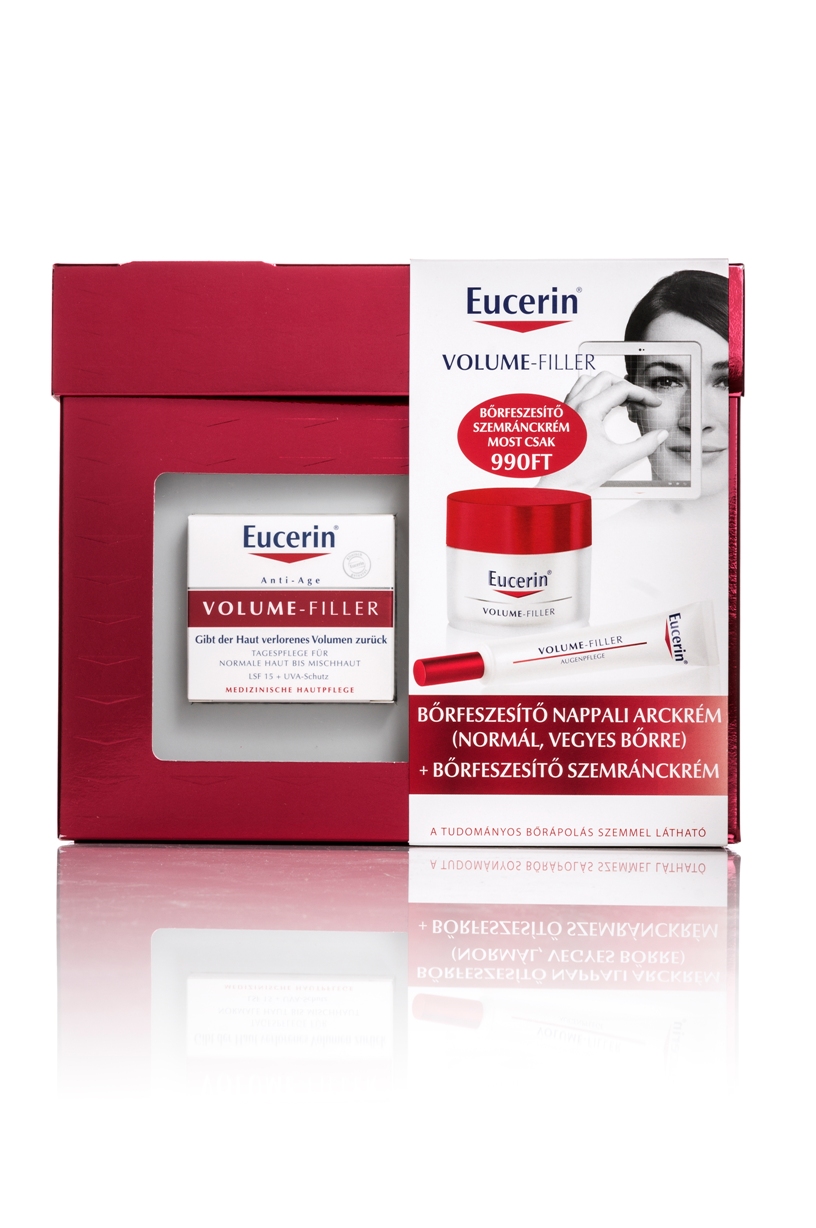 Eucerin® Volume-Filler Bőrfeszesítő szemránckrém és Volume-Filler Bőrfeszesítő nappali arckrém száraz bőrre<br />Eucerin® Volume-Filler Bőrfeszesítő szemránckrém és Volume-Filler Bőrfeszesítő nappali arckrém normál, vegyes bőrre<br />A krémek egyszerre hatnak az arckontúr megereszkedését okozó számos tényezőre, illetve azokra a rétegekre, ahol a rugalmasságvesztés jelentkezik. Három aktív hatóanyagának kombinációja hatására az arcbőr érezhetően feszesebbé válik. A magnolol a bőr feszességét javító sejtek számát növeli, az oligo-peptidek erősítik a kollagén hálózatot, a hialuronsav pedig intenzíven hidratálja a bőrt és segít a ráncok csökkentésében. Paraben- és színezőanyagmentes krémek, 15-ös fényvédő faktorral. A szemránckrém ezenfelül illatanyagot és alkoholt sem tartalmaz. 40 év körüli hölgyeknek ajánljuk.<br />