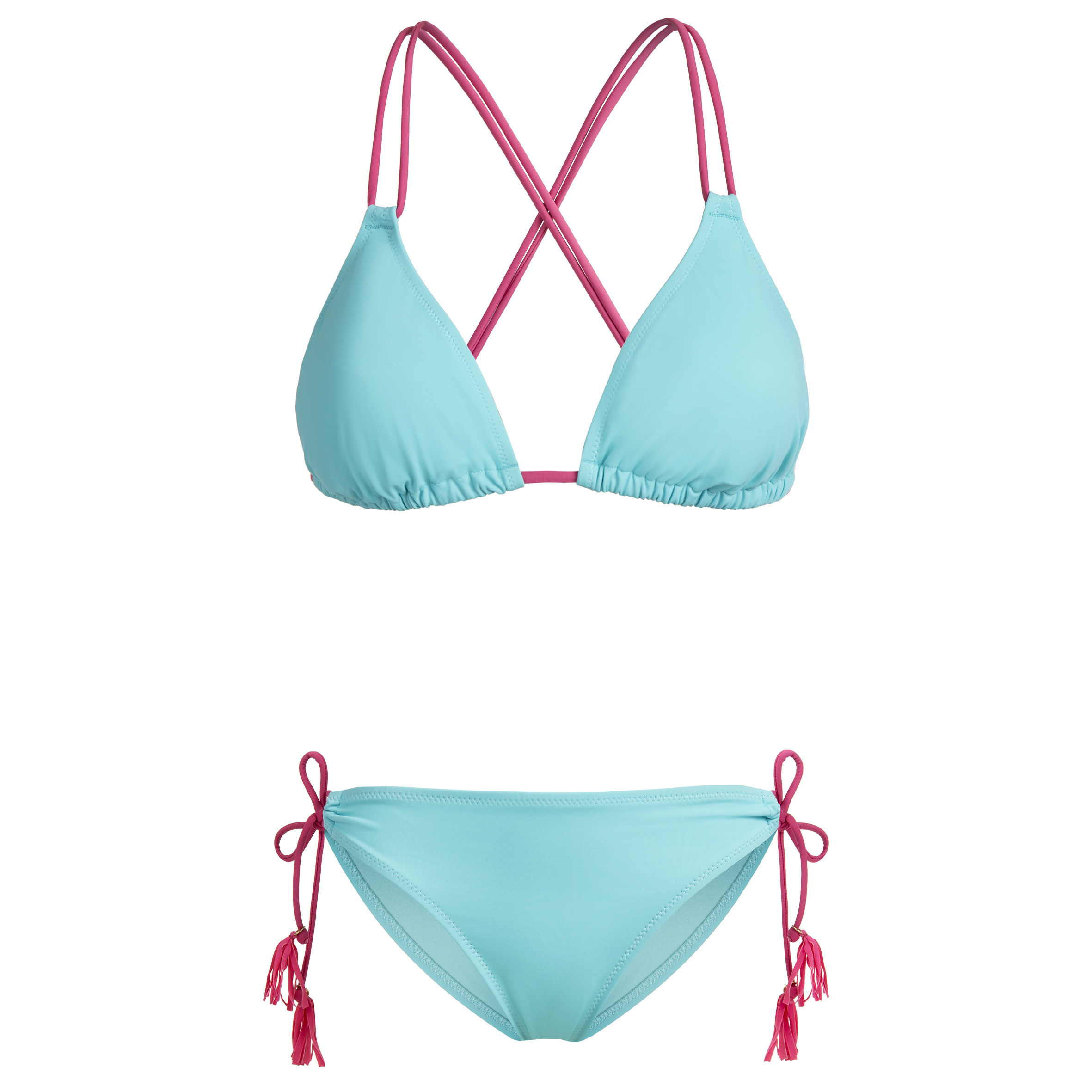 A Maui Blue bikinit az óceán kékje inspirálta, a rózsaszín megkötők pedig egy kis bohóságot kölcsönöznek ennek a modellnek.