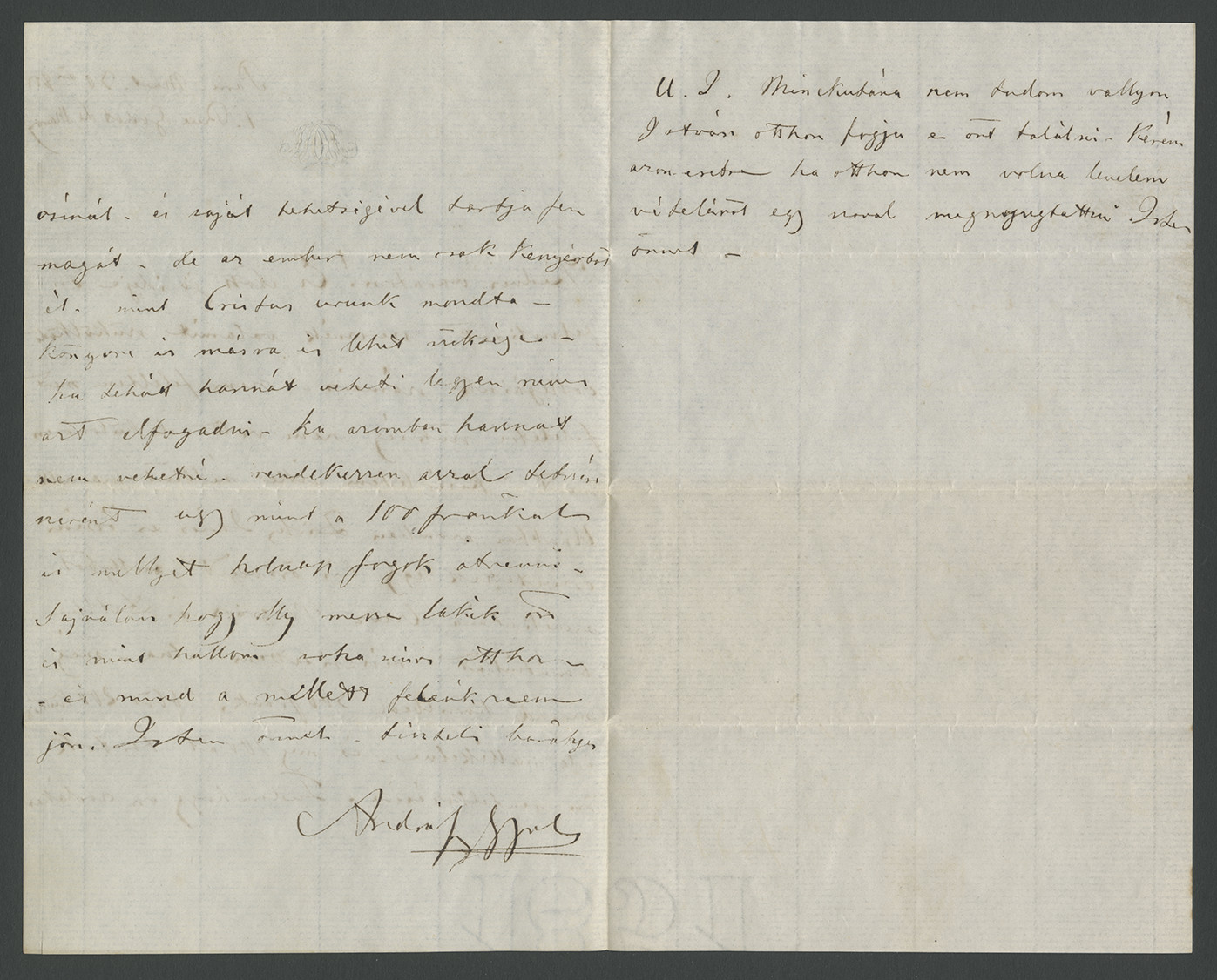 Gróf Andrássy Gyula levele Irányi Dánielnek (Párizs, 1853. március 30.; a levélíró saját levélpapírján) (PIM Kézirattár)