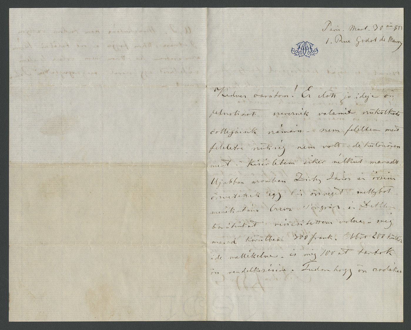 Gróf Andrássy Gyula levele Irányi Dánielnek (Párizs, 1853. március 30.; a levélíró saját levélpapírján) (PIM Kézirattár)