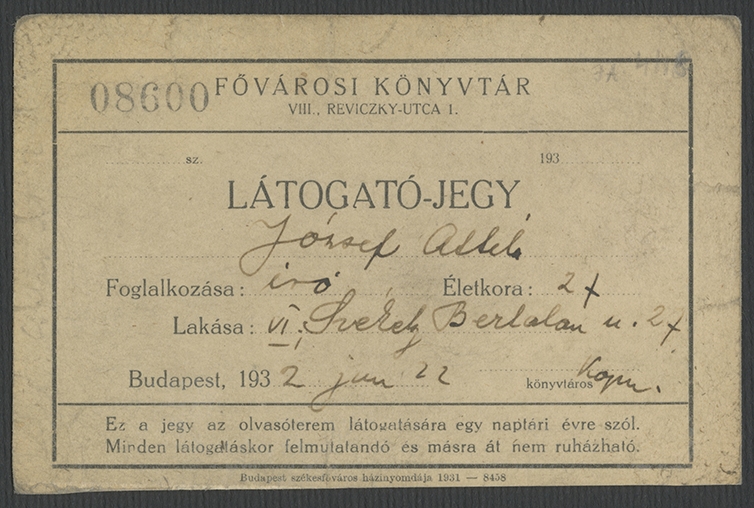 József Attilának a Fővárosi (Szabó Ervin) Könyvtárba szóló látogatójegye, 1932 (PIM Kézirattár)