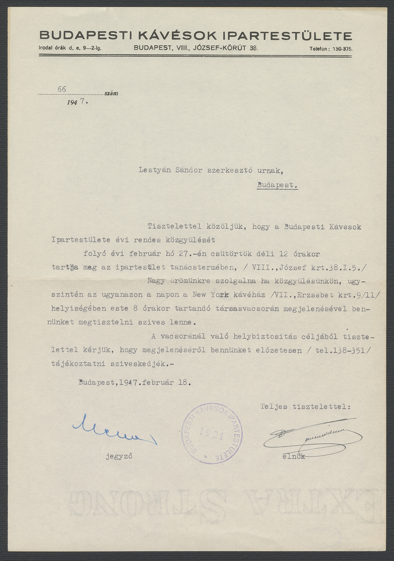 A Budapesti Kávésok Ipartestülete levele és közgyűlési meghívója Lestyán Sándor (1896–1956) írónak, 1947 (PIM Kézirattár)