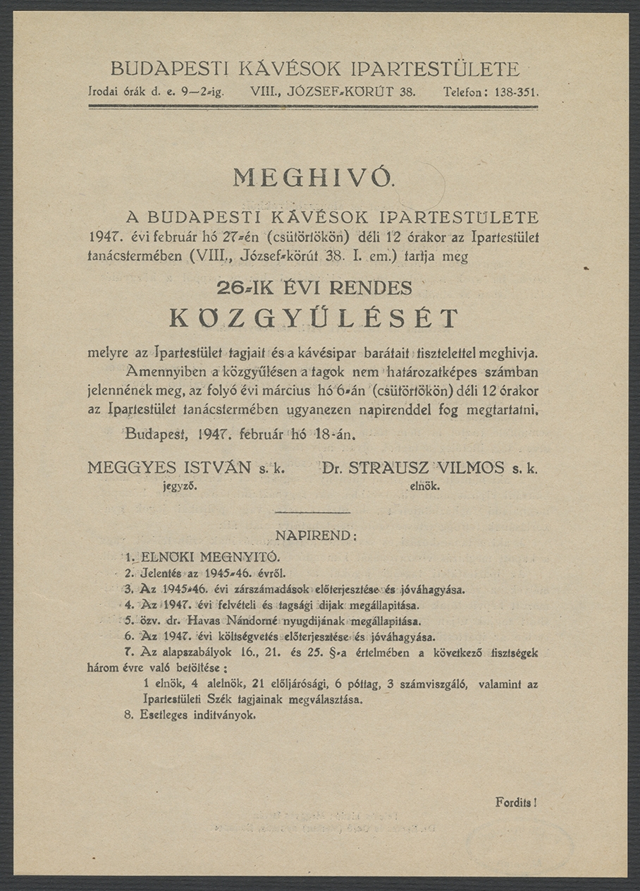 A Budapesti Kávésok Ipartestülete levele és közgyűlési meghívója Lestyán Sándor (1896–1956) írónak, 1947 (PIM Kézirattár)