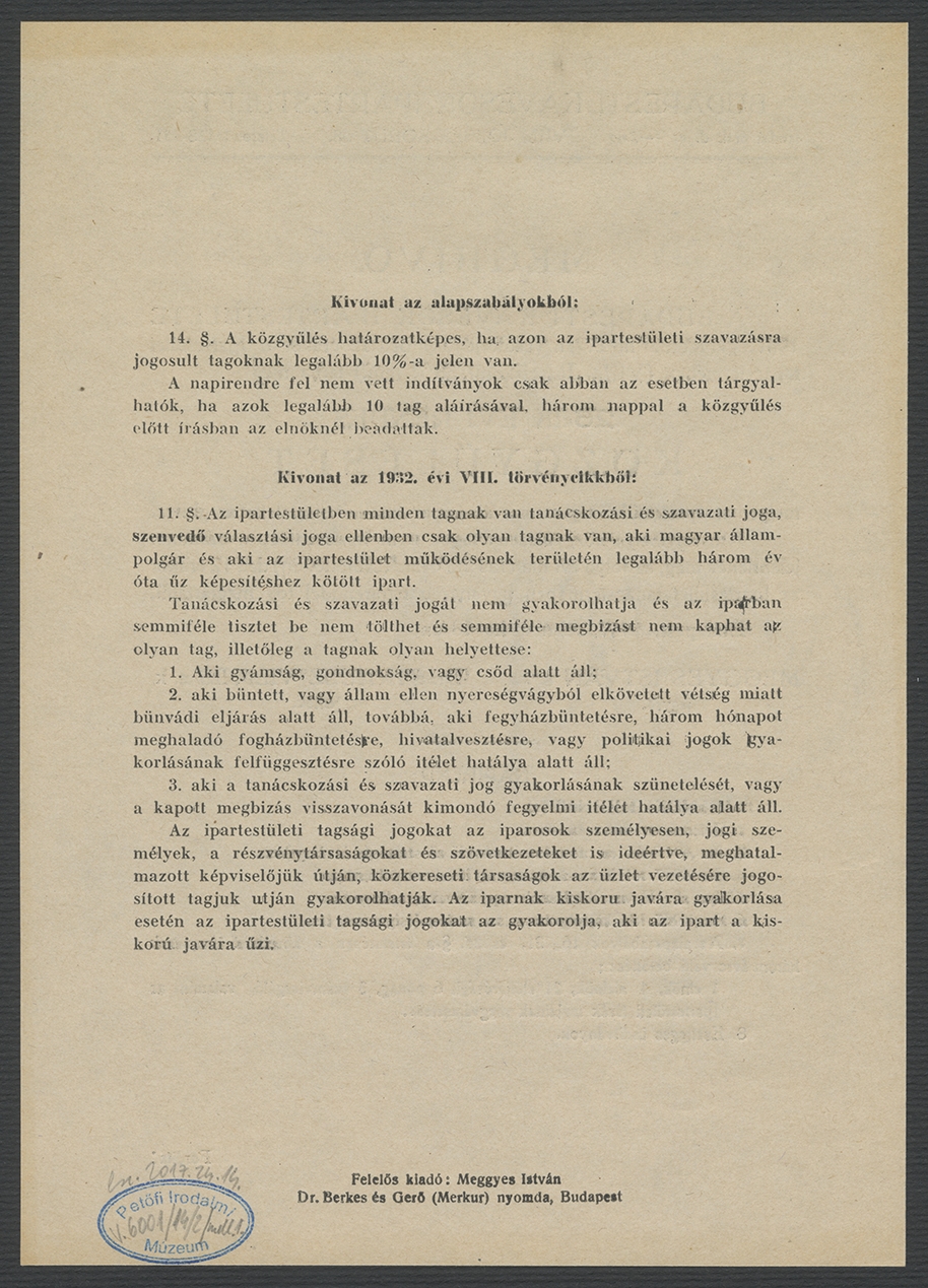 A Budapesti Kávésok Ipartestülete levele és közgyűlési meghívója Lestyán Sándor (1896–1956) írónak, 1947 (PIM Kézirattár)