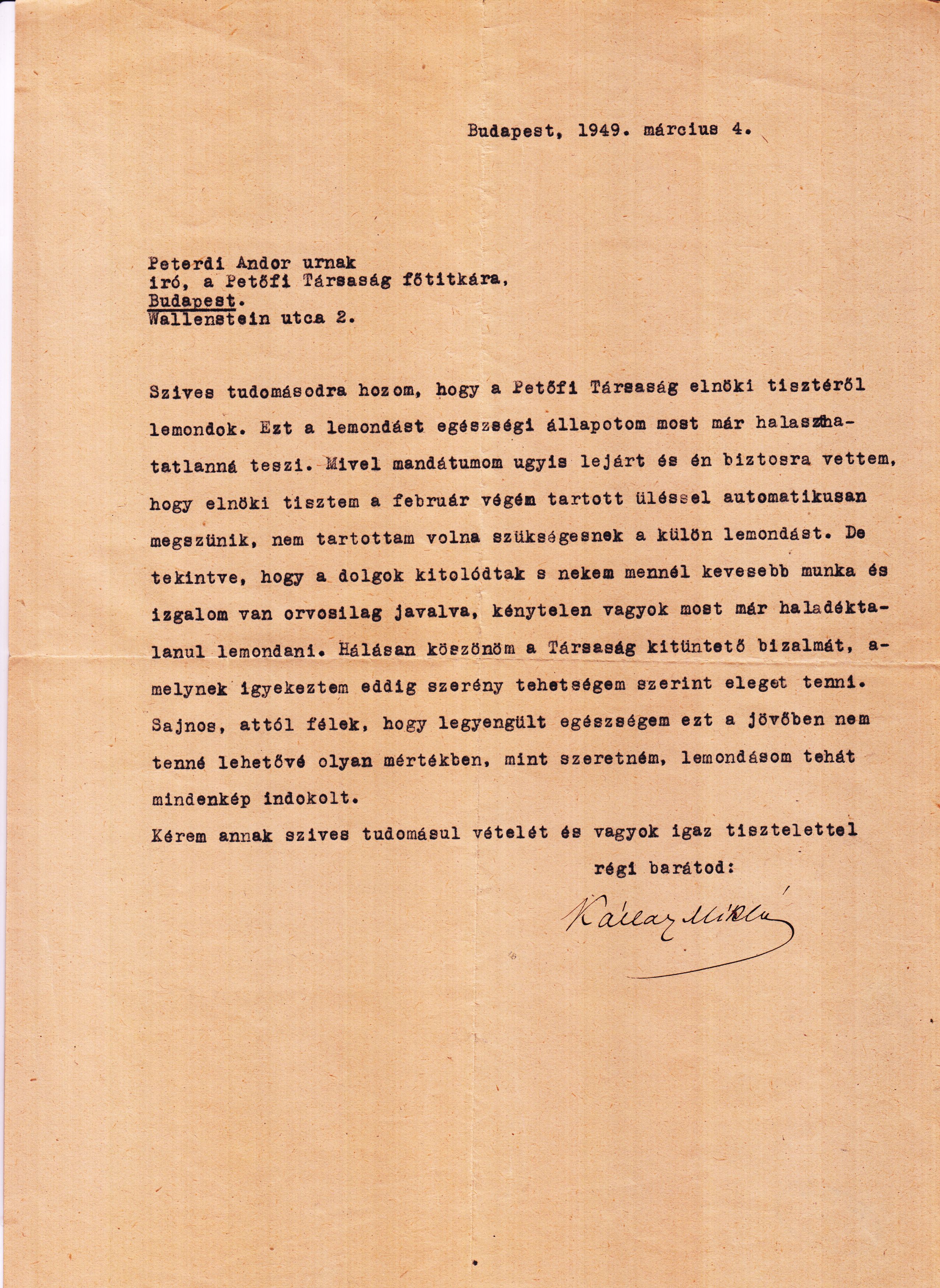 Kállay Miklós lemondása a Petőfi Társaság elnökségéről (Budapest, 1949. március. 4. (PIM Kézirattár)
