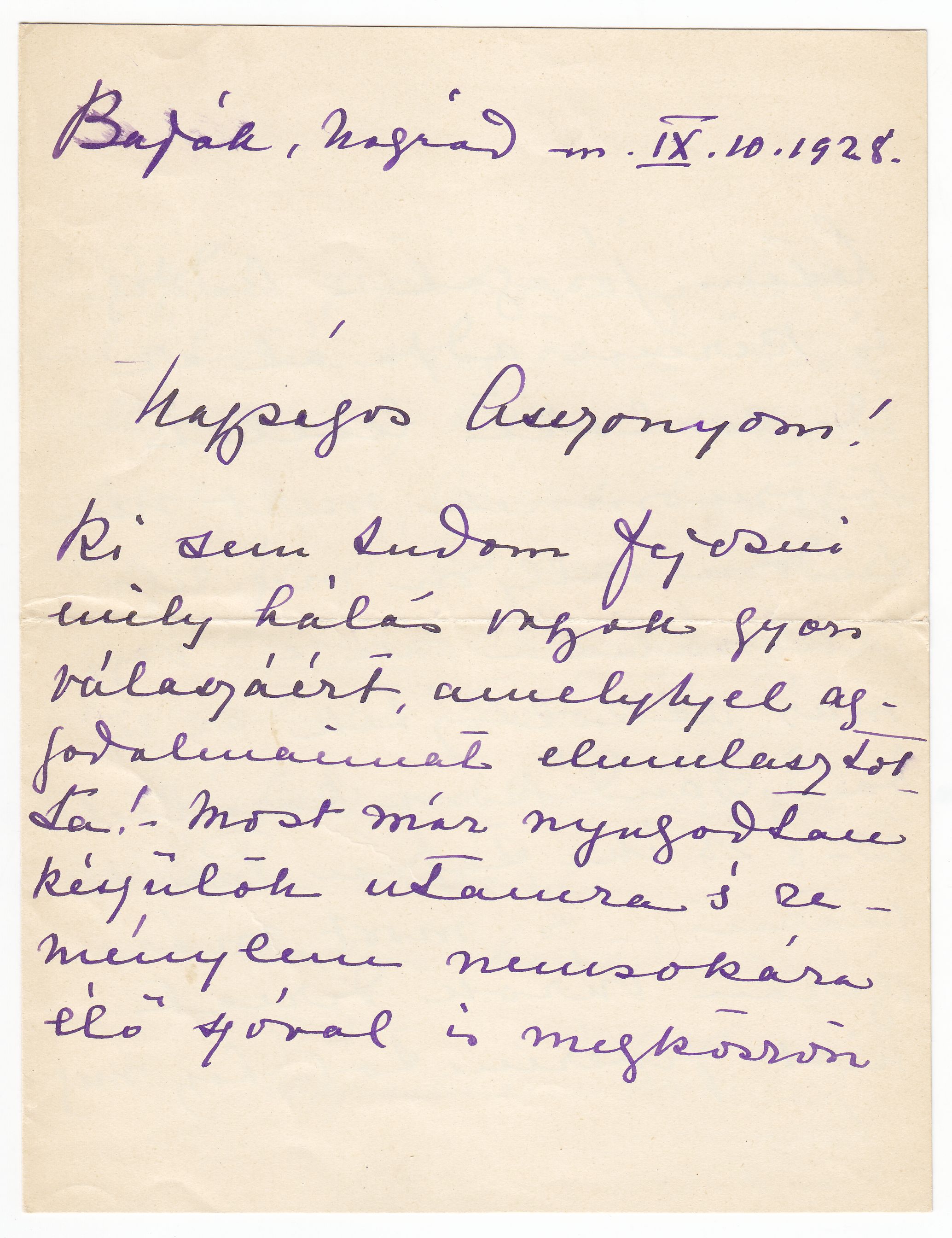 Károlyi Erzsébet levele Bölöni Györgyné Márkus Ottiliának, melyben reményét fejezi ki, hogy mihamarabb találkozhat öccsével, Buják, 1928. szeptember 10. (PIM Kézirattár, V. 4132/711)