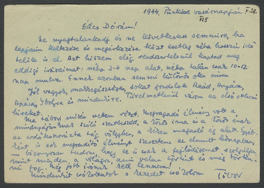 Székely Tibor levelei feleségéhez, Késmárky Dórához (1944. májustól novemberig; MNMKK PIM Kézirattár, Székely Tibor-hagyaték)