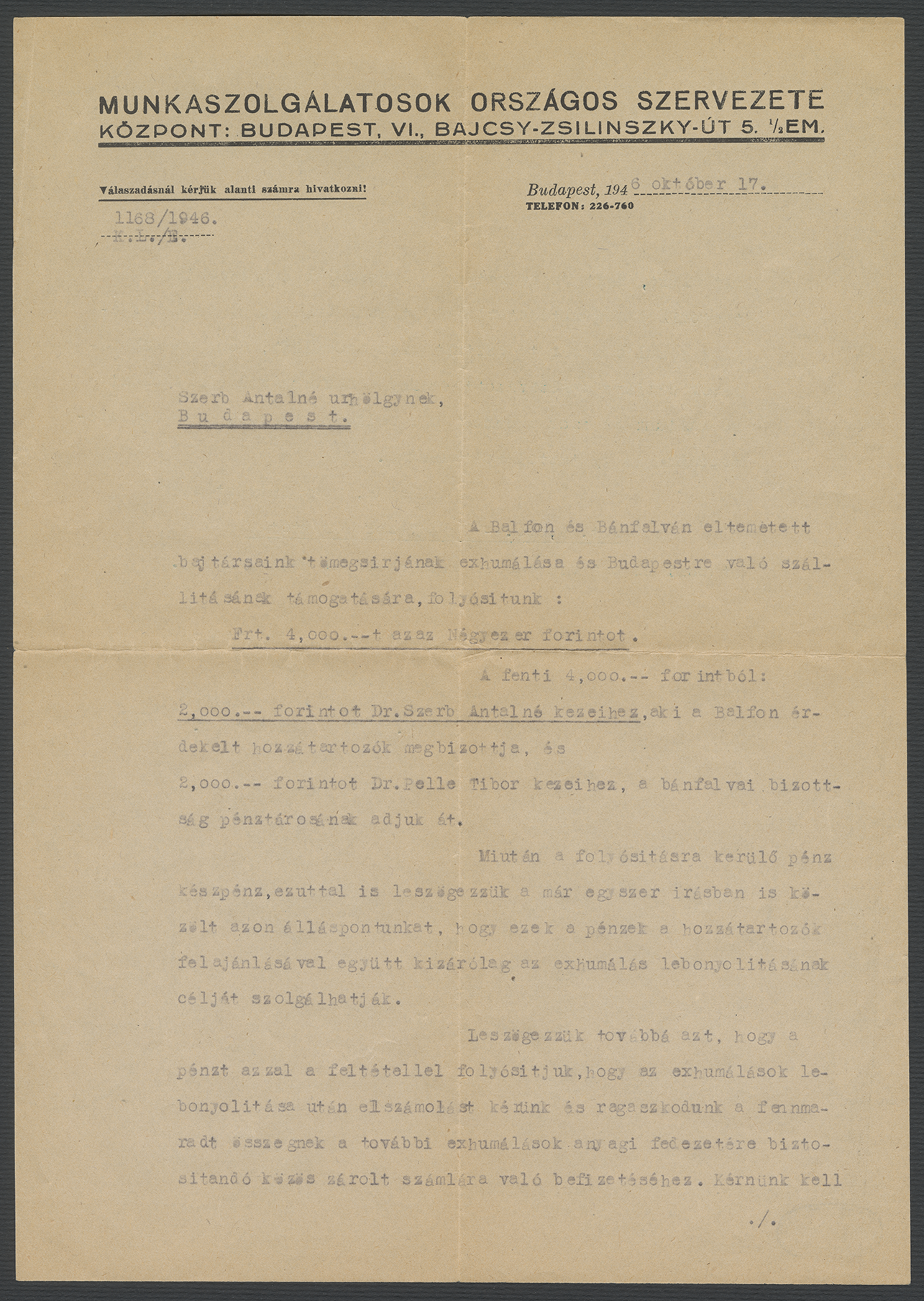 A Munkaszolgálatosok Országos Szervezete levele Szerb Antalné Bálint Klárának (Budapest, 1946. október 17., MNMKK PIM Kézirattár, Szerb Antalné-hagyaték)