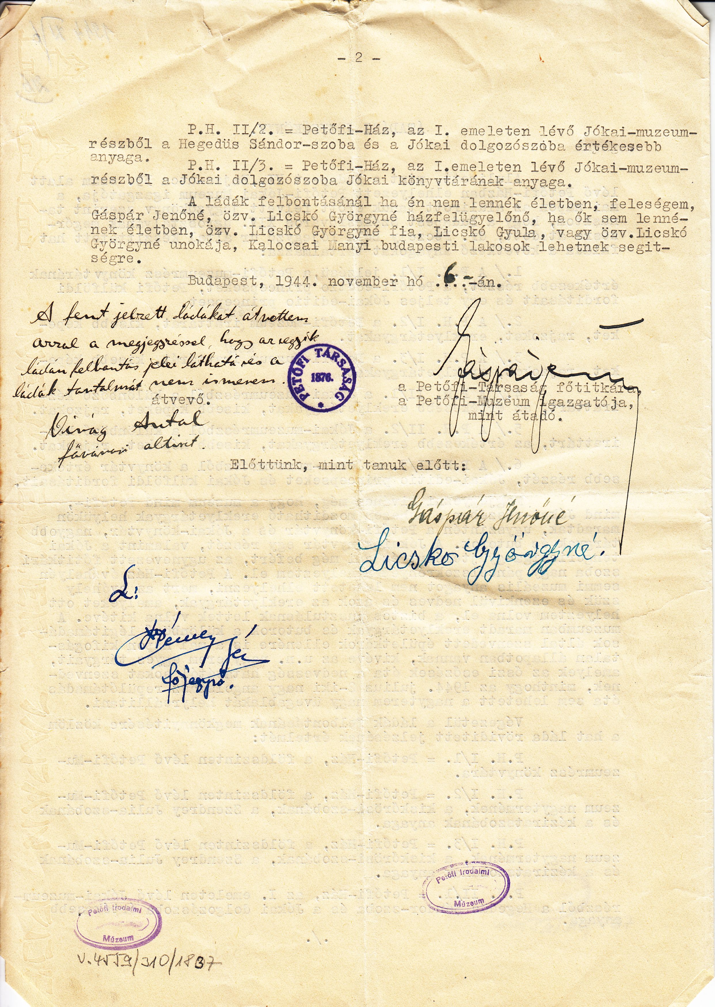 Átadási jegyzőkönyv a Petőfi–Jókai Múzeum hat faládában elhelyezett anyagairól, Budapest, 1944. november 6. (PIM Kézirattár)
