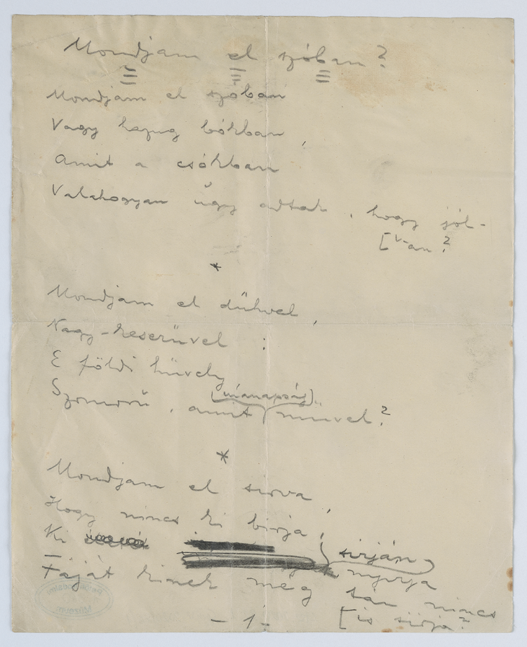 Ady Endre Mondjam el szóban? című versének autográf ceruzaírású kézirata (1913) (Forrás: PIM)