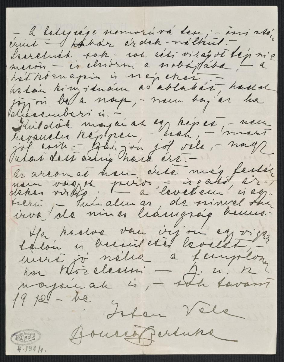 Boncza Berta Ady Endrének, 1911. december vége, autográf tintaírás aláírással (PIM Kézirattár, Ady Endre-gyűjtemény)