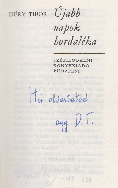 Déry Tibor dedikációja (PIM Könyvtár)