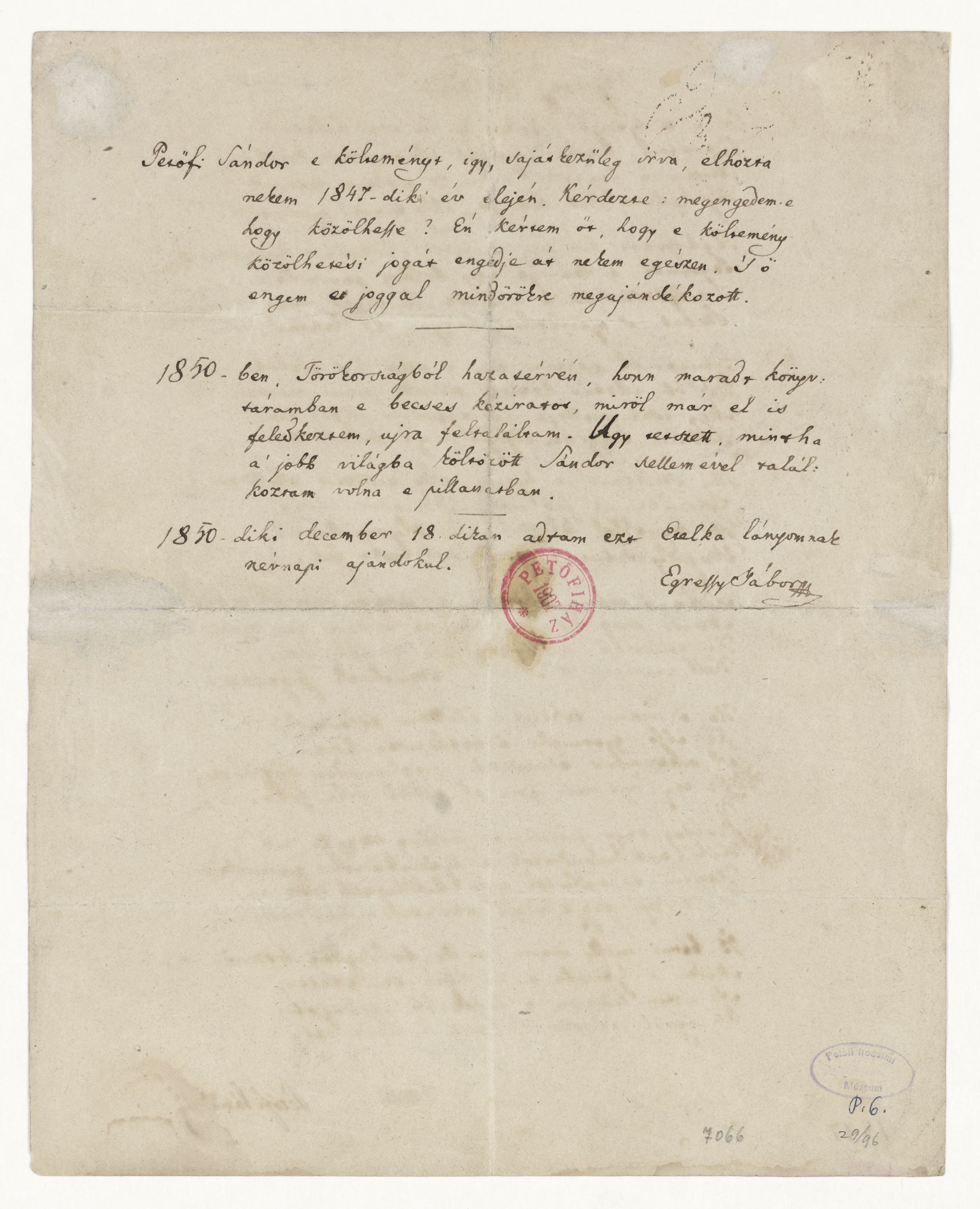 Petőfi Sándor Egressy Etelke című versének autográf kézirata és Egressy Gábor rájegyzése a hátlapon (PIM Kézirattár P. 6)