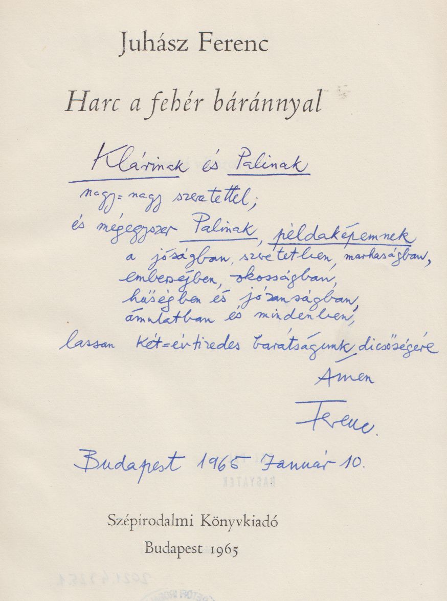 Juhász Ferenc dedikációja (PIM Könyvtár)
