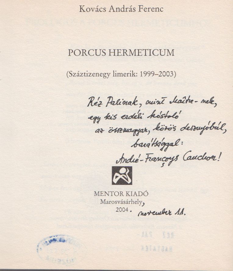 Kovács András Ferenc dedikációja (PIM Könyvtár)