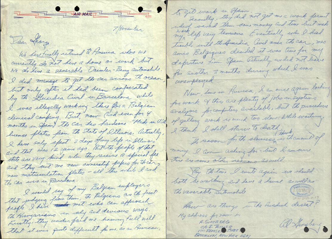 Allen Ginsberg levele Libik Györgynek (Fotó: Molnár Ábel / Petőfi Irodalmi Múzeum)