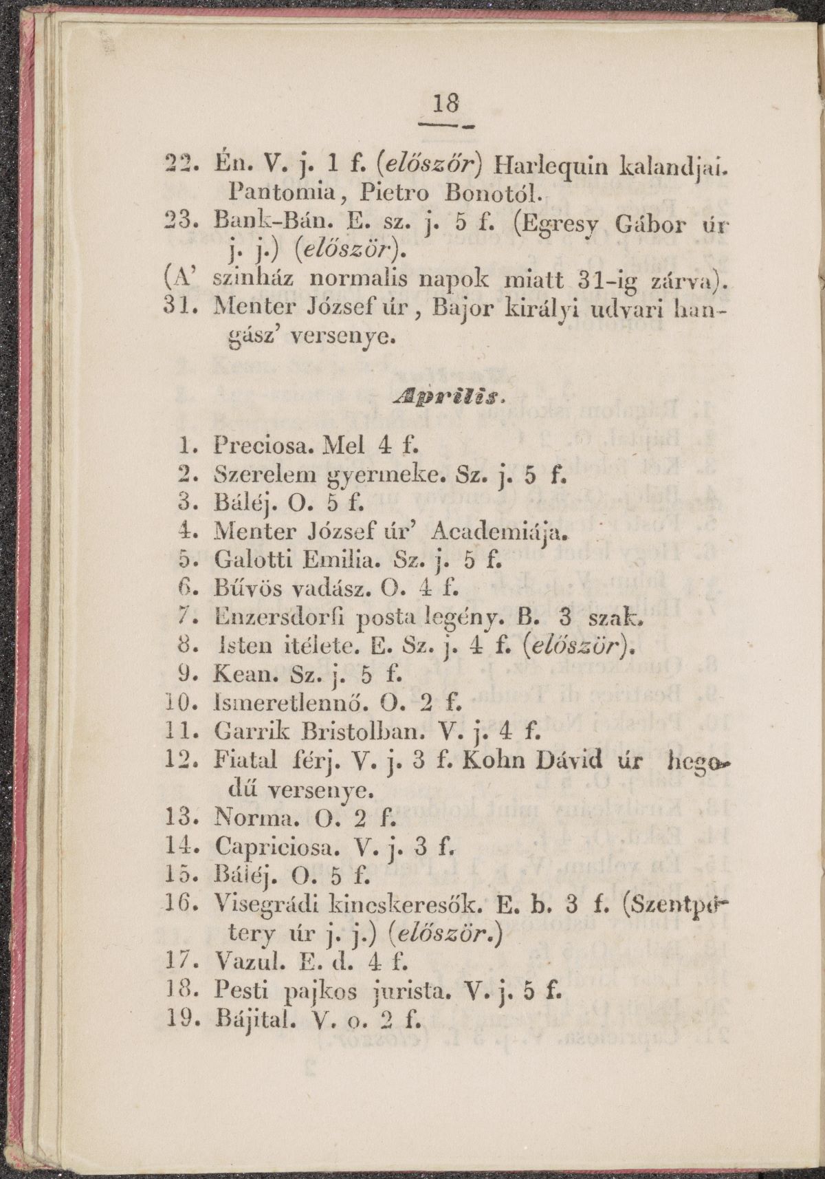Pesti nemzeti játékszíni zsebkönyv 1840-dik évre, kiad.: Gillyén Sándor, Nagy Ferenc (PIM Könyvtár)