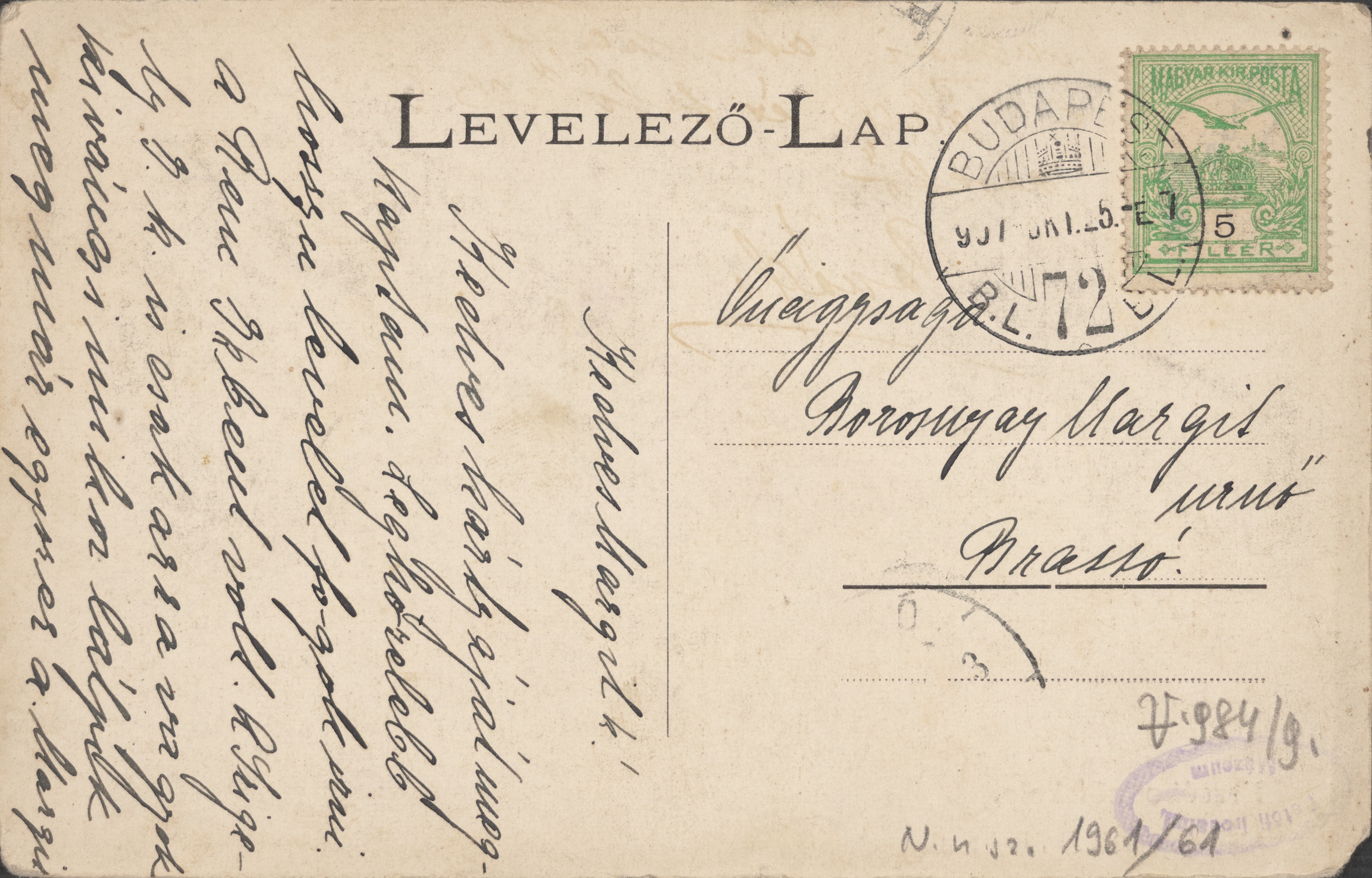 Boncza Berta levelezőlapja Borosnyay Margitnak, 1907. október 25. (PIM Kézirattár)