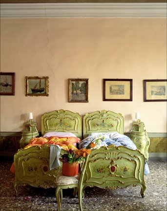 James Merrell bedroom peach walls green carved antique twin beds.jpg