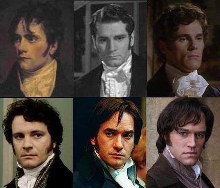 Mr Darcy, és akik alakították: Sir Laurence Olivier (a második képen, 1940), David Rintoul (1980), Colin Firth (1995), Matthew Macfadyen (2005), Elliot Cowan (2008). Elliot Cowan a Lost in Austen című sorozatban alakította Darcyt. A sorozatban megidézték Colin Firth híres ‘vizes inges‘ jelenetét. Érdekesség, hogy a jelenetet Colin Firth maga is megidézte már sokszor, például az Igazából szerelem című filmben. 