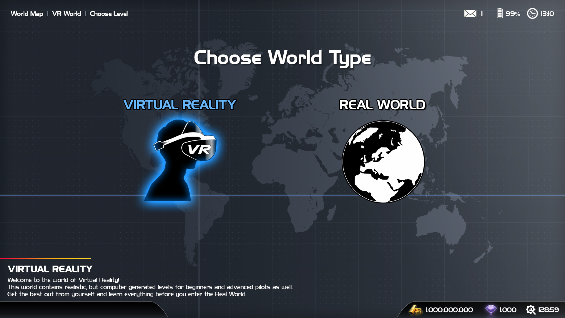 A virtuális és a való világ közötti választó menü