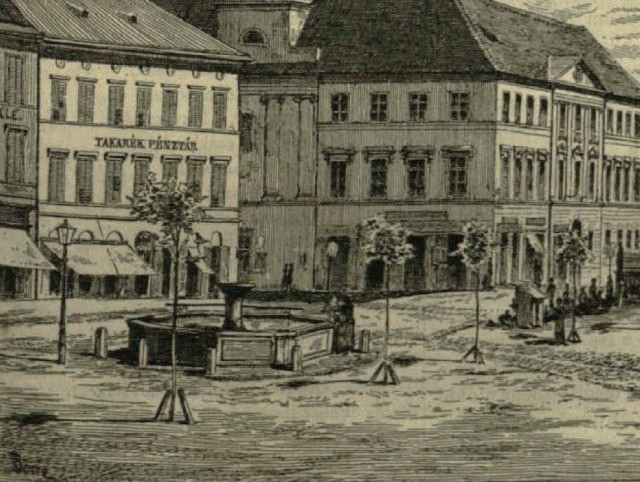 1880 A felső csorgó kút  és a Városháza.jpg