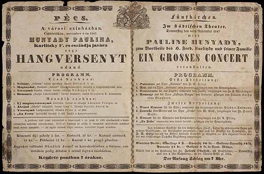 A pécsi Városi Színházban 1847. november 4-én tartott hangverseny német és magyar nyelvű plakátja.jpg