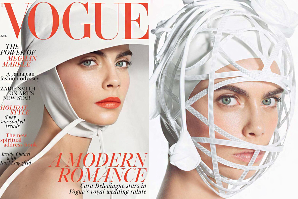 A brit Vogue júniusi borítóján egy Noel Stewart-kalapot visel Cara Delevingne. A formabontó virágos fejdíszt valószínűleg nem sokan választják majd az esküvőjükre, bár filmes jelmeznek kiváló lenne.