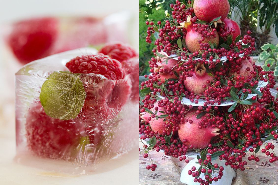 Az italokat bogyós gyümölcsökkel díszített jégkockákkal is lehet szervírozni, de egy hatalmas gyümölcstálon is megjelenhetnek a bogyók.