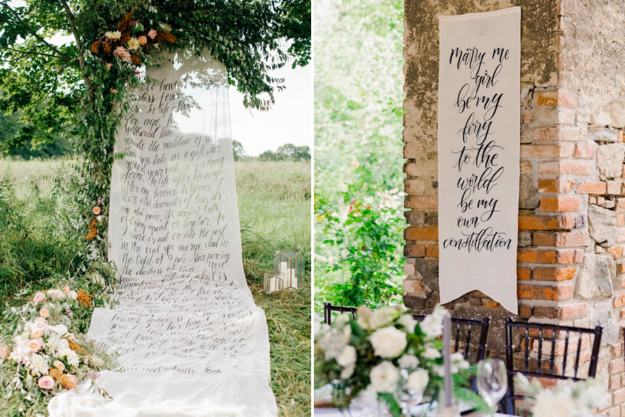 Kültéri esküvőn vagy kőfalon nagyon hangulatos lehet a textilre festett szöveg.