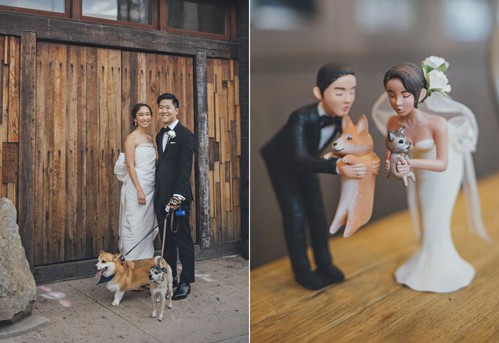 Luna, Gil és a kutyáik az esküvői fotón, illetve marcipánfiguraként megformázva.