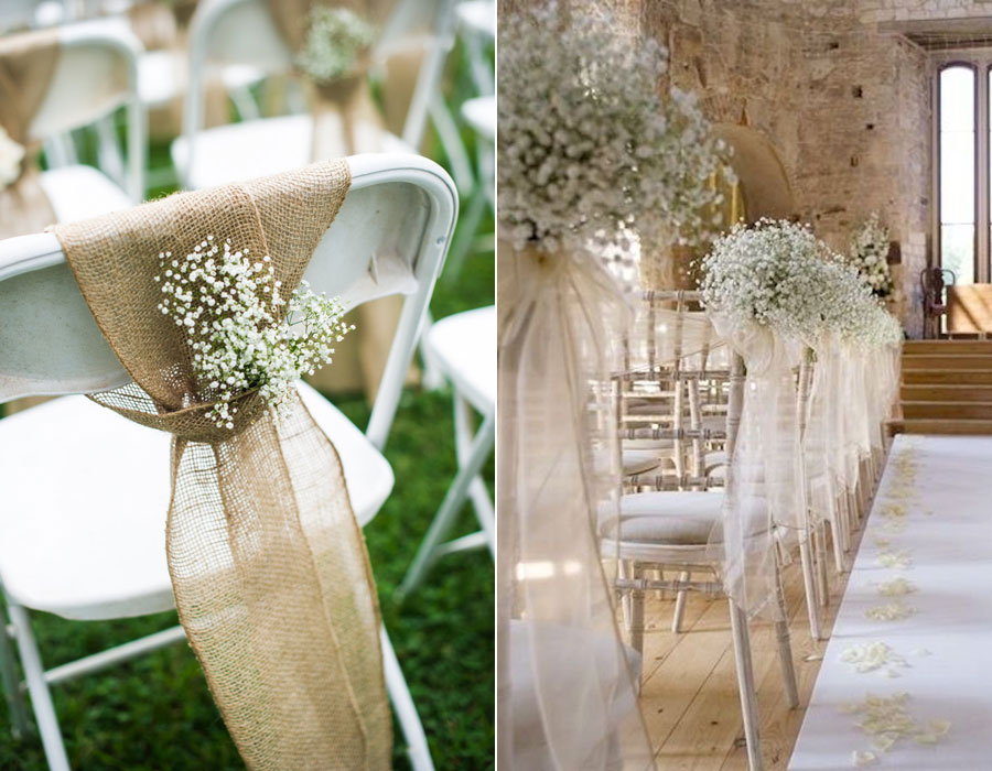 A fátyolvirág az egyik legkedveltebb esküvői dekoráció, és a székeken is jól mutat.