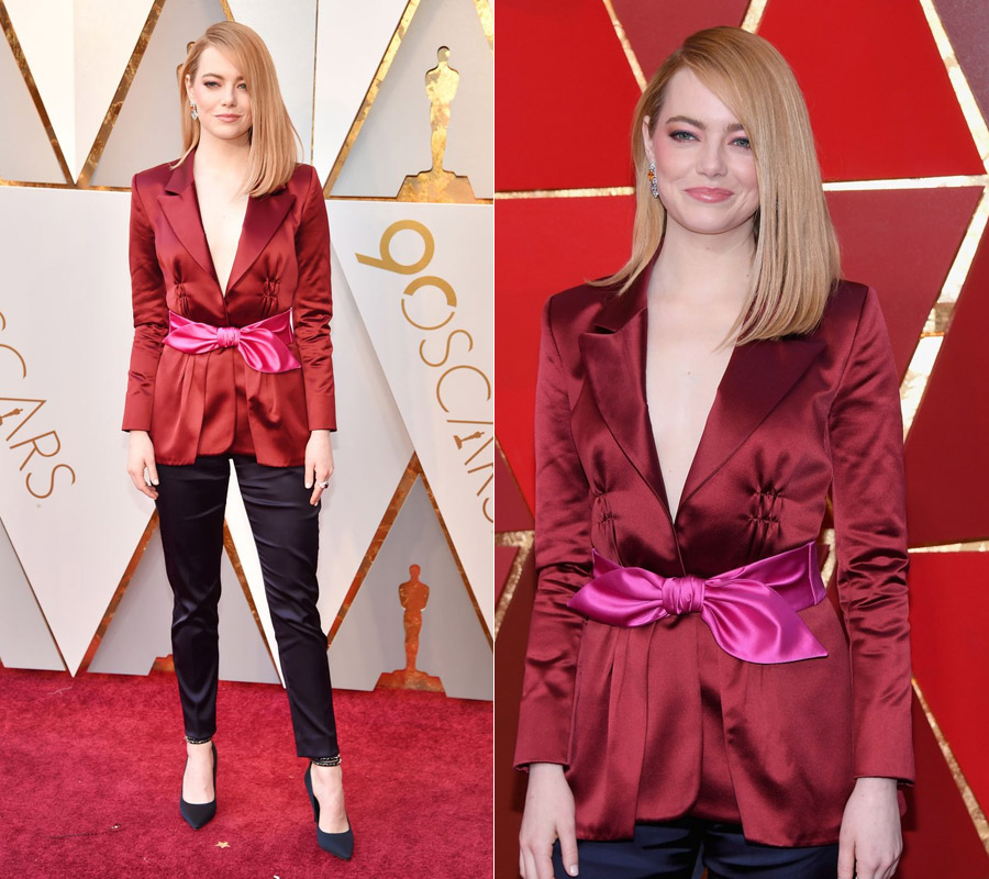 Örömteli, hogy Emma Stone nadrágban érkezett, de ez a szett a Louis Vuitton-tól inkább egy hétvégi partira jó. A fényes anyag pedig kissé vásári hatást kelt.