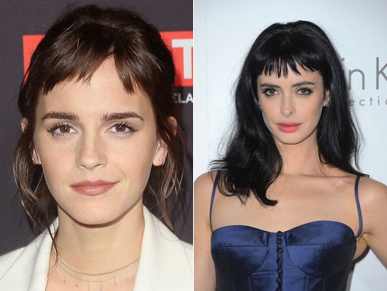 Emma Watson és Krysten Ritter keskeny, ovális fejformáját nem szélesíti a tincses, mini frufru.