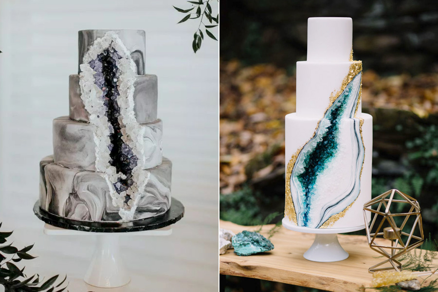 A tavalyi év egyik nagy újdonsága volt a geode stílus, ami az esküvői torták világába is begyűrűzött, és ott is maradt az idei évre is.
