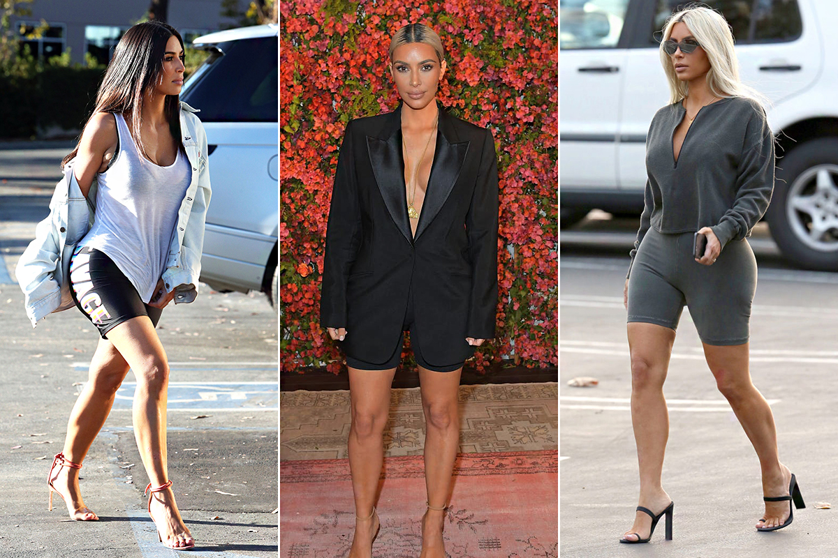 Kim Kardashian továbbgondolta a biciklis nadrágban rejlő lehetőségeket, és nőies ruhadarabokkal kombinálja.