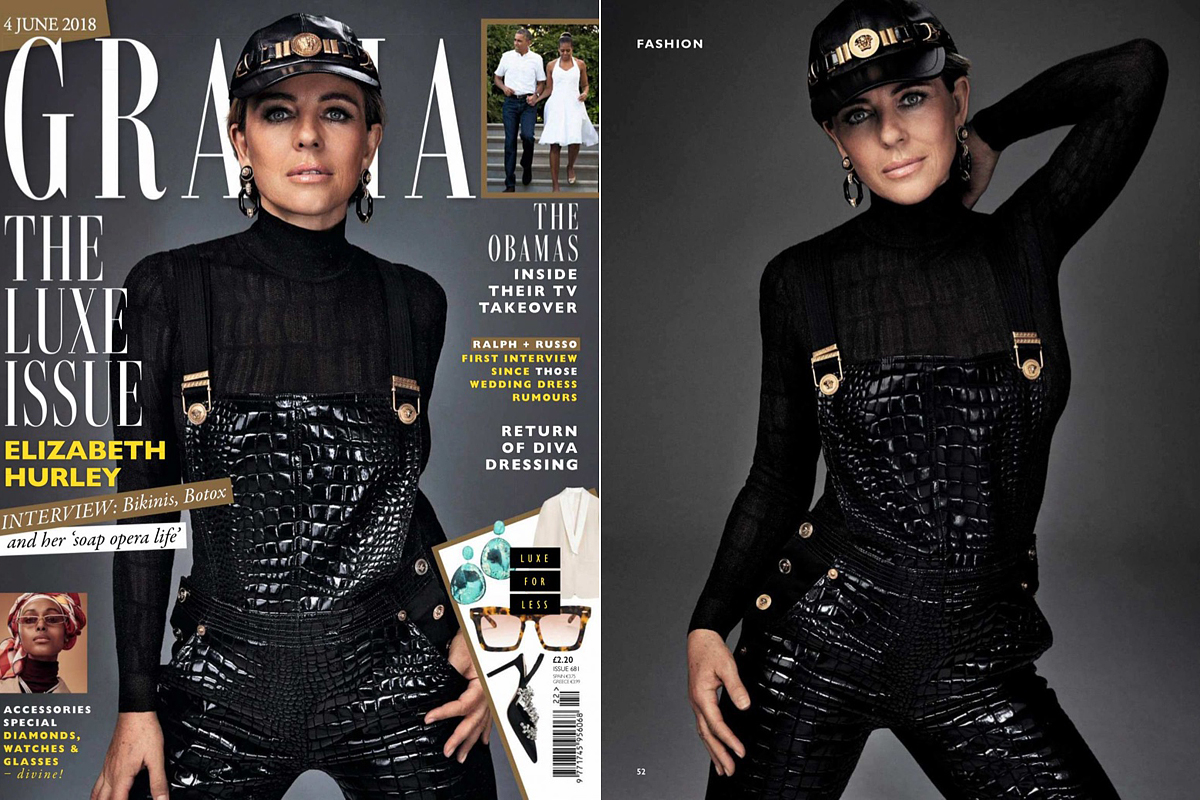 Az angol Grazia magazin júniusi számában már az őszi divatot mutatja Elizabeth Hurley, aki többnyire a Versace ruháit viselte a fotózáson. A képeket Alex Bramall készítette.