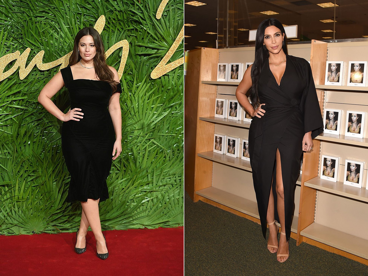 Ashley Graham és Kim Kardashian egyaránt kedveli az olyan fazonokat, melyek karcsúsítják a derékvonalat. Ashley dekoltázsa egy picit visszafogottabb, és a lábát is csak térdtől lefelé tette közszemlére.