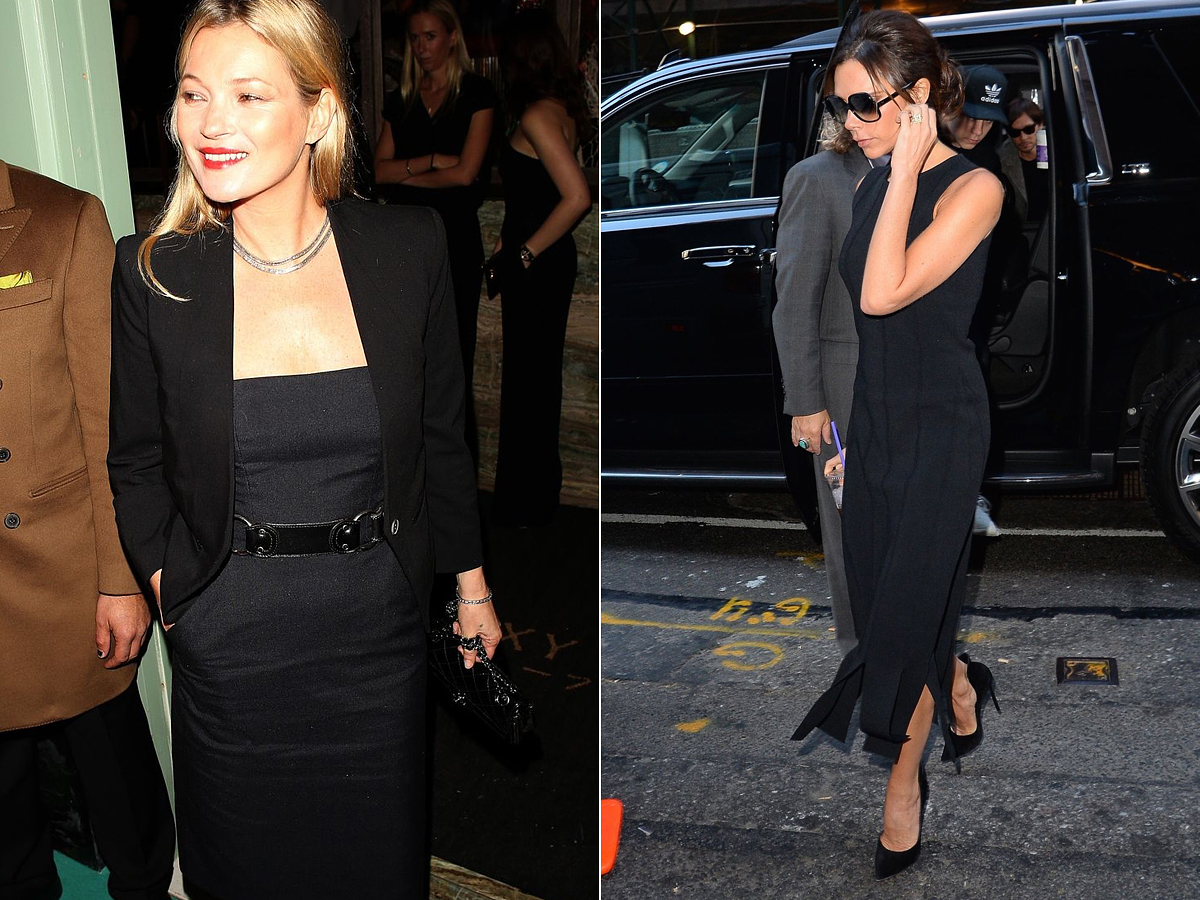 Kate Moss és Victoria Beckham is szolidan elegáns fekete kosztümruhájában.