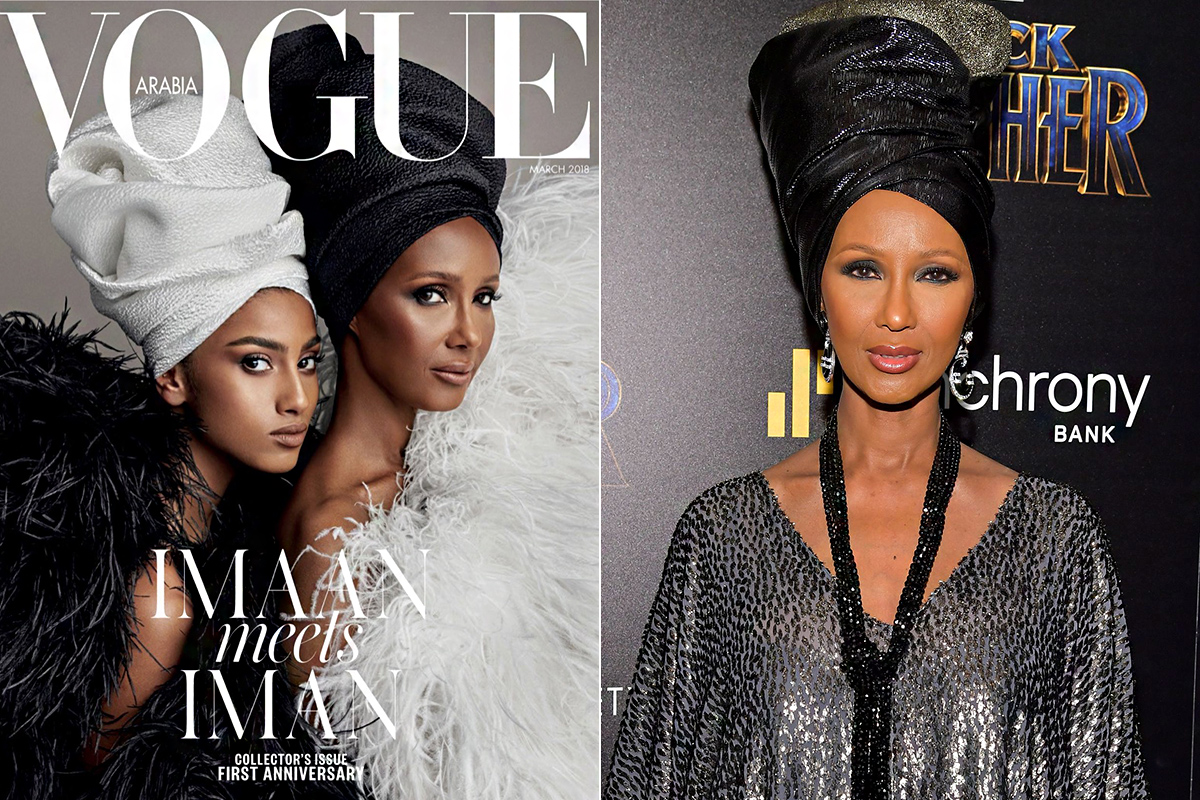 Rendhagyó módon, három címlapot is kapott a Vogue Arabia tavaszi kiadása. Patrick Demarchelier Saint Laurent-ruhákban és Wrap Life-turbánokban fotózta a 21 és a 62 éves modellt. Iman annyira megszerette a turbánokat, hogy néhány rendezvényen is hasonló stílusban jelent meg.