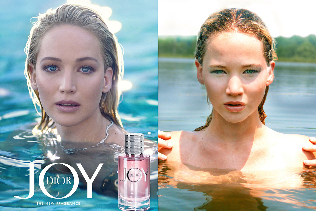 Jennifer Lawrence az új reklám kedvéért agyonretusálva, valamint egy régebbi fotón, melyen szintén a vízben ázik, csak természetes valójában.