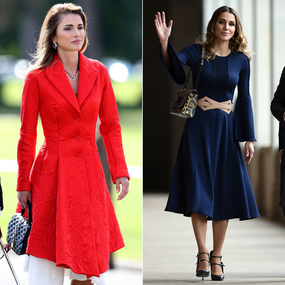 Konszolidált piros és kék ruhájához a Louis Vuitton divatház kisméretű táskáit választotta.