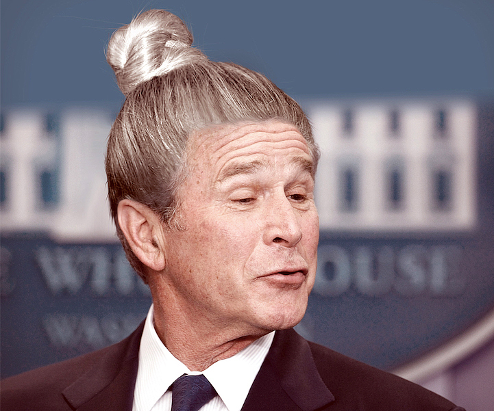 George W. Bush itt inkább egy idős nénire hasonlít ezzel a frizurával.