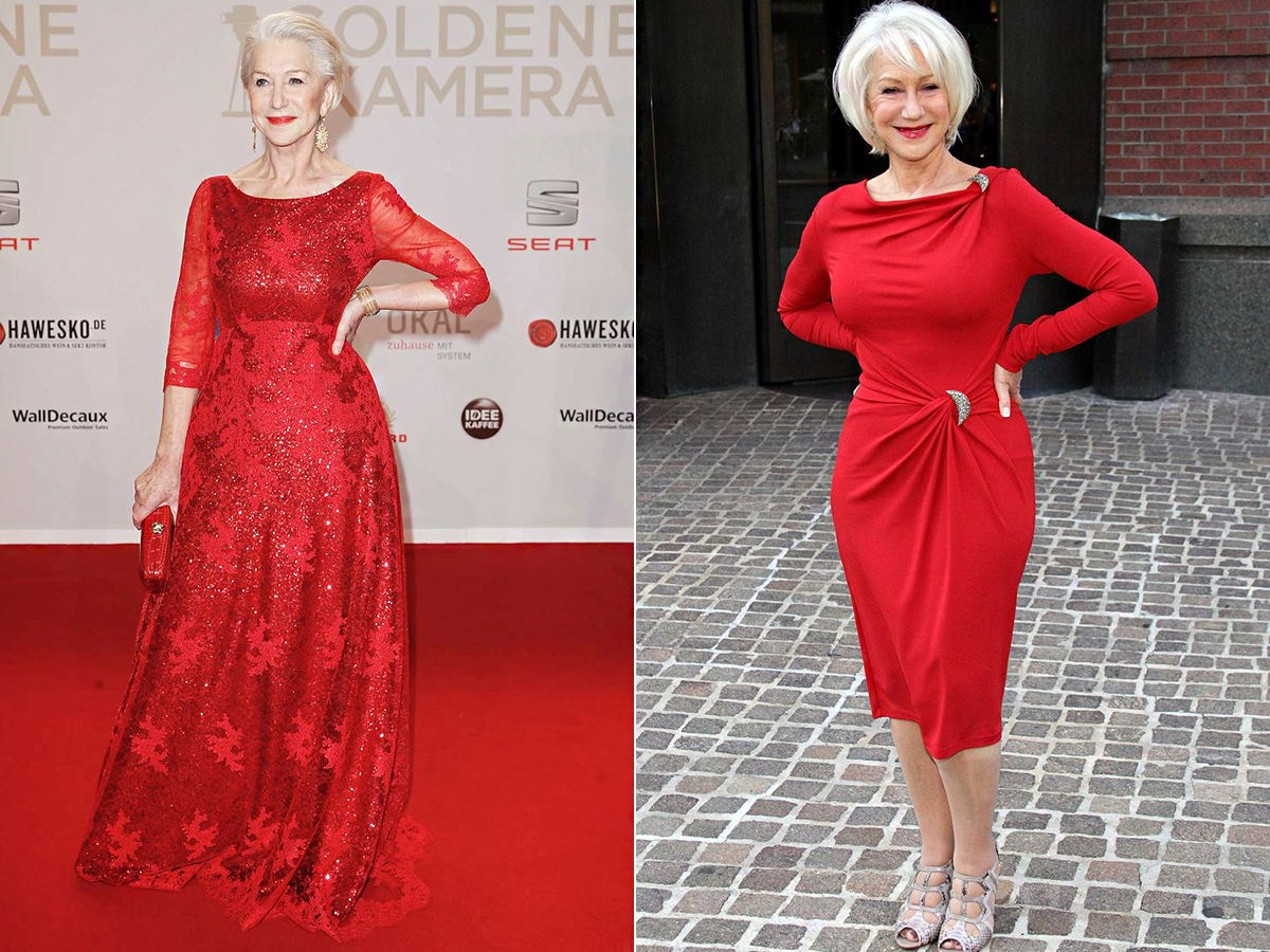 Helen Mirrenről nehéz elhinni, hogy 72 éves. Azt viseli, ami tetszik neki, és a tűzpirostól sem idegenkedik. 