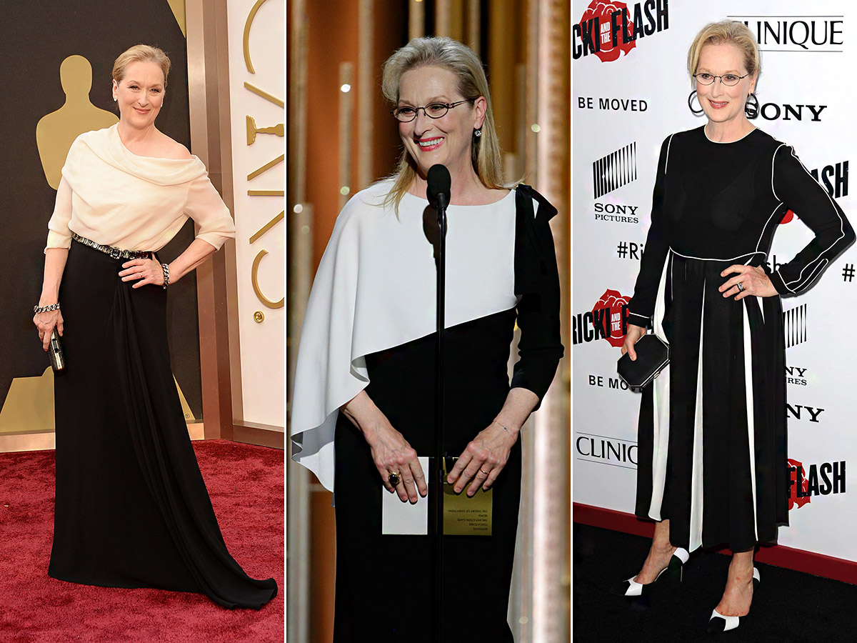A 68 éves Meryl Streep csupa báj és elegancia: a fekete-fehér, illetve a fekete-krémszín variációját érdemes ellesni tőle.